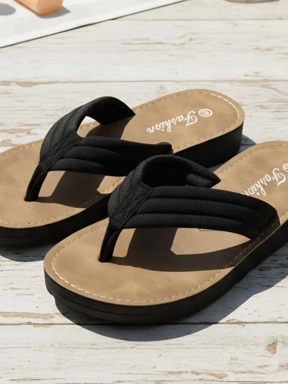 Fashion Forms Black Thong Sandals with Tan Footbed